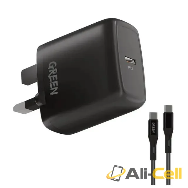 Green Lion Type-C Port Wall Charger 20W UK with PVC Type-C to Type-C Cable 1.2M