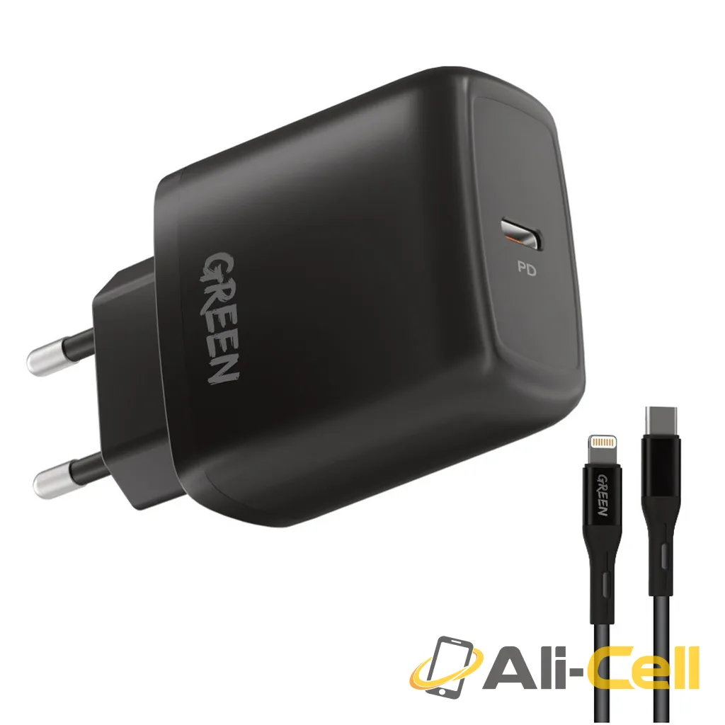 Green Lion Type-C Port Wall Charger 20W EU with PVC Type-C to Lightning Cable 1.2M - Black