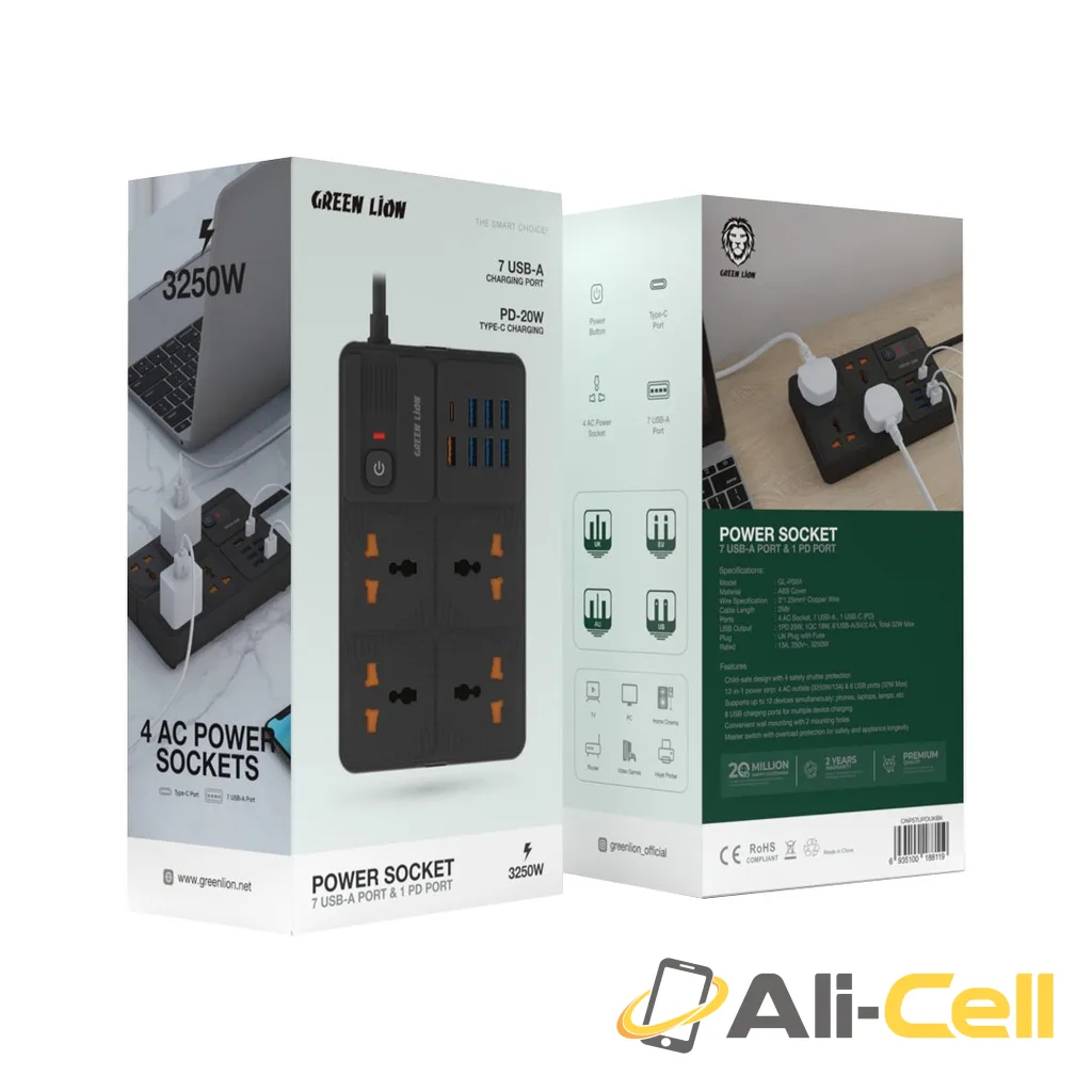 Green Lion UK Power Socket 7 USB-A Port & 1 PD Port - Black — 2