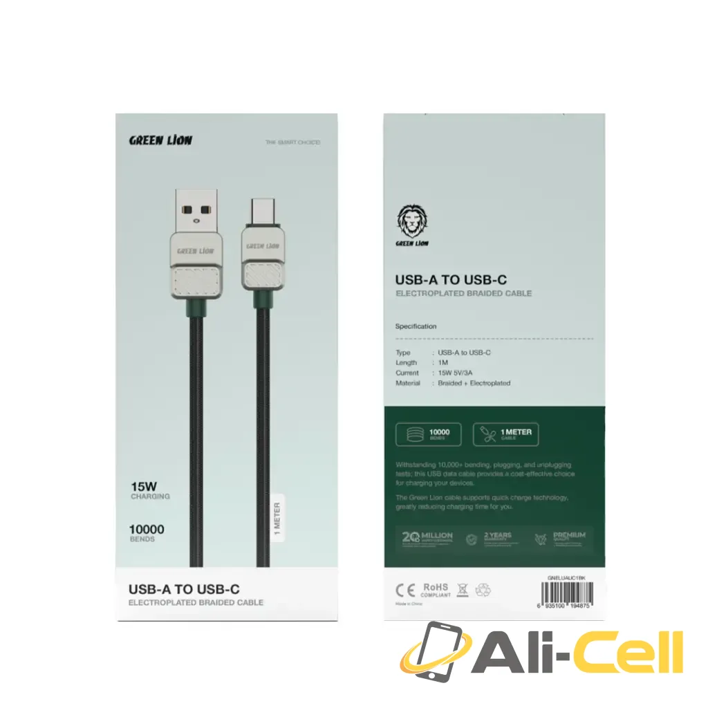 Green Lion USB A to Type-C Cable Electroplated + Braided 1m 15W - Black — 2
