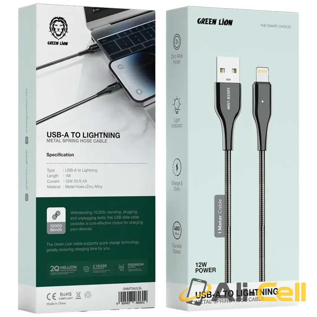 Green Lion USB-A To Lightning Metal Spring Hose Cable - Silver — 2