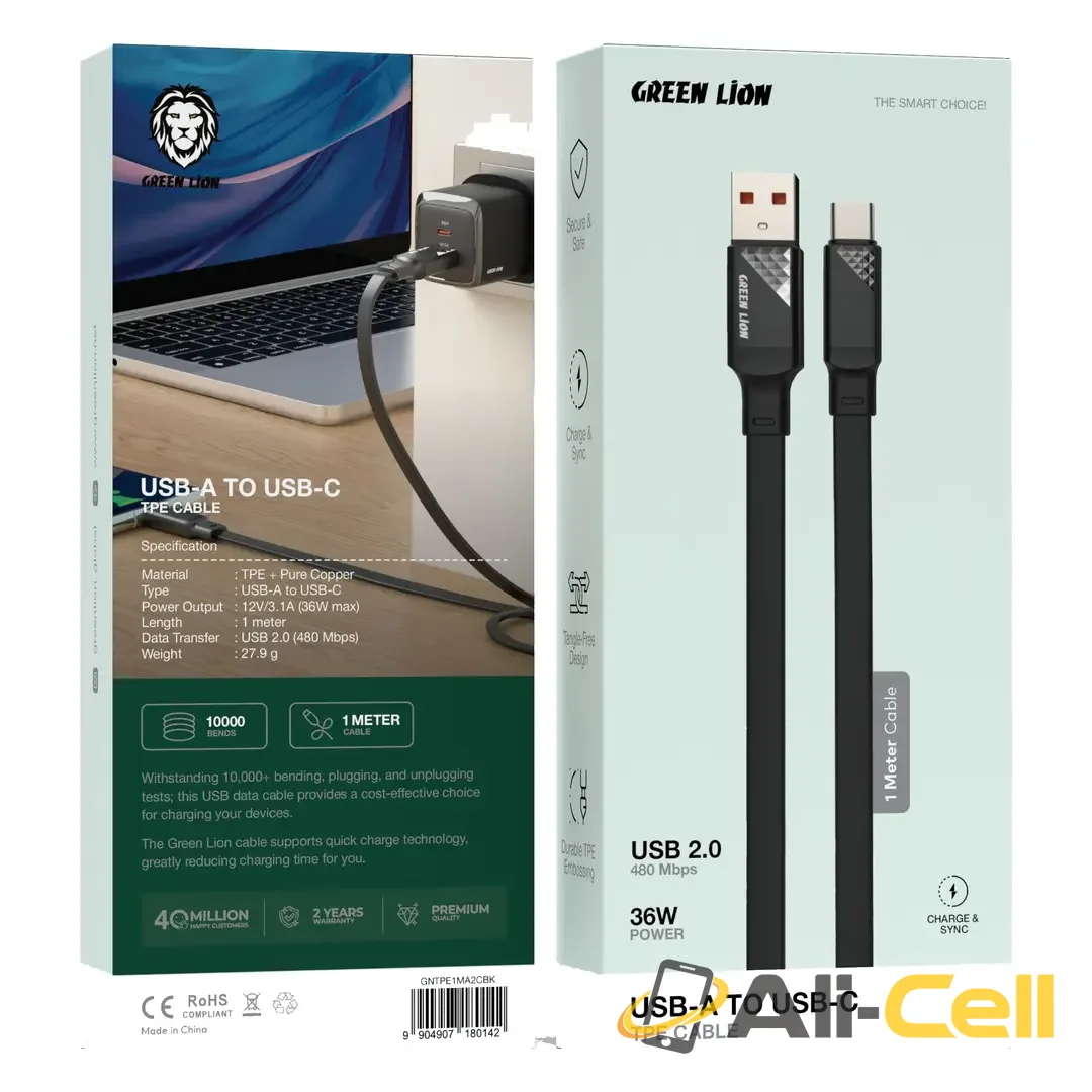 Green Lion USB-A to USB-C TPE Cable - Black — 2