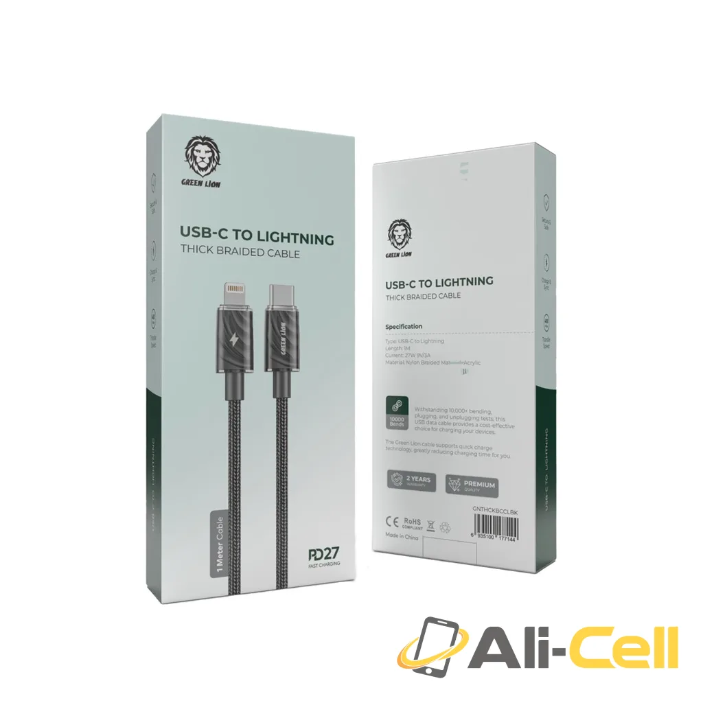 Green Lion USB-C to Lightning Thick Braided Cable 1M PD 27W - Black — 2
