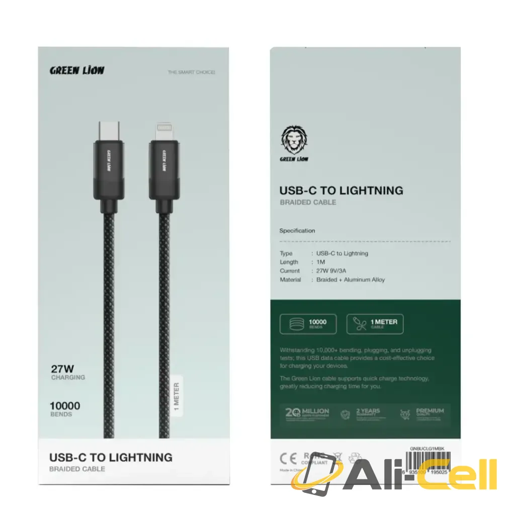 Green Lion USB-C to Lightning Braided Cable 1m 27W - Black — 2
