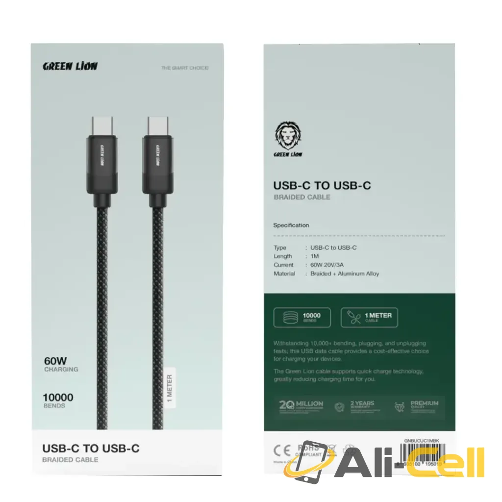 Green Lion USB-C to USB-C Braided Cable 1m 60W - Black — 2