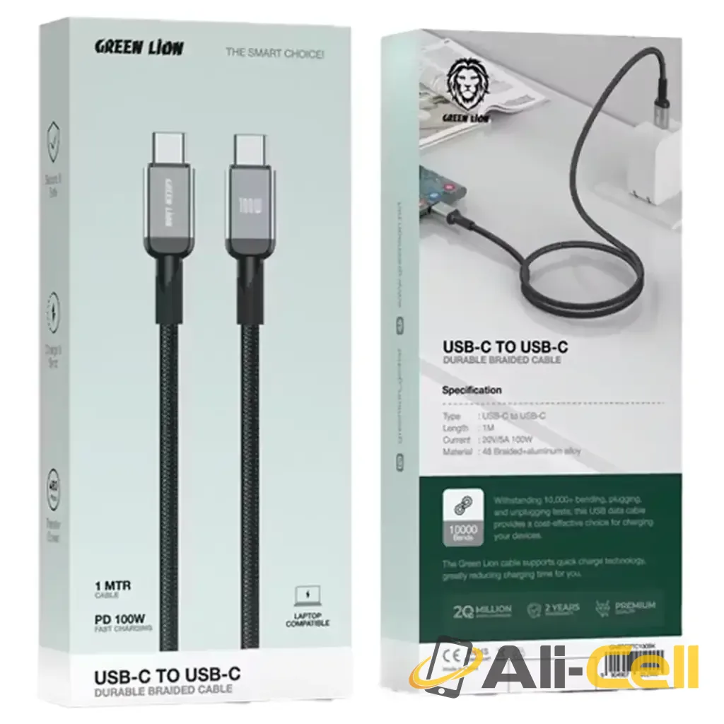 Green Lion USB-C to USB-C Durable 1m Braided Cable PD 100W - Black — 2