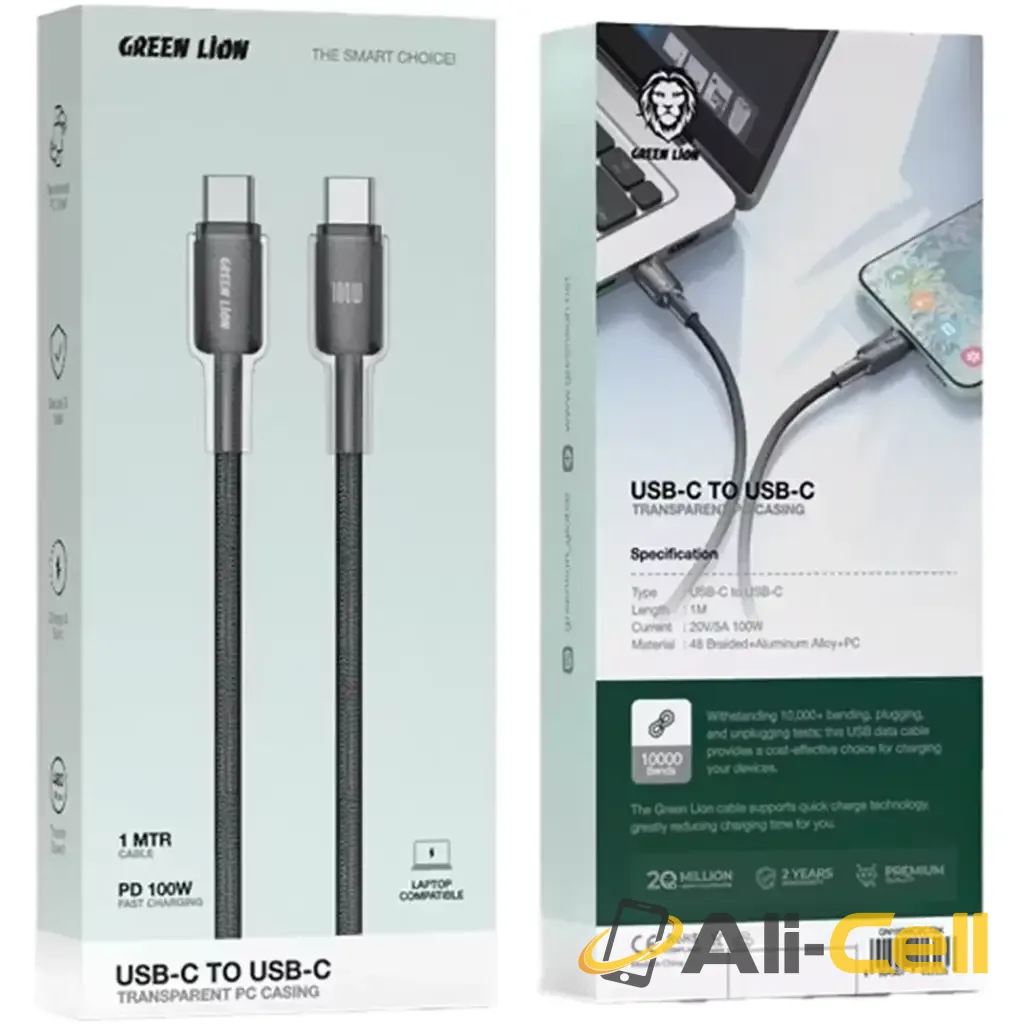 Green Lion USB-C to USB-C Transparent PC Casing 1m Braided Cable PD 100W - Black — 2