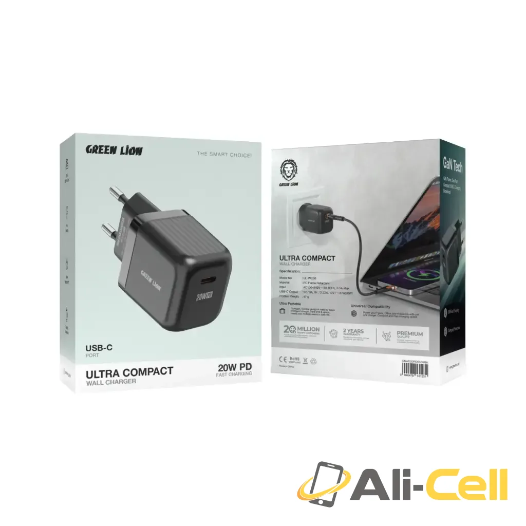 Green Lion Ultra Compact GaN Wall Charger EU Pin USB-C 20W (with C to C / C to L Cable) - Black — 2