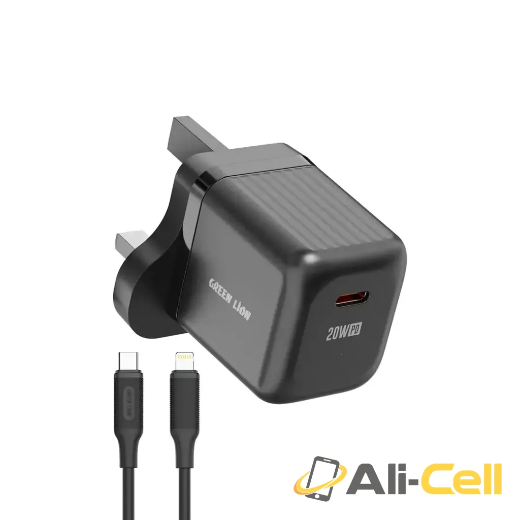 Green Lion Ultra Compact GaN Wall Charger UK Pin USB-C 20W with C to L - Black