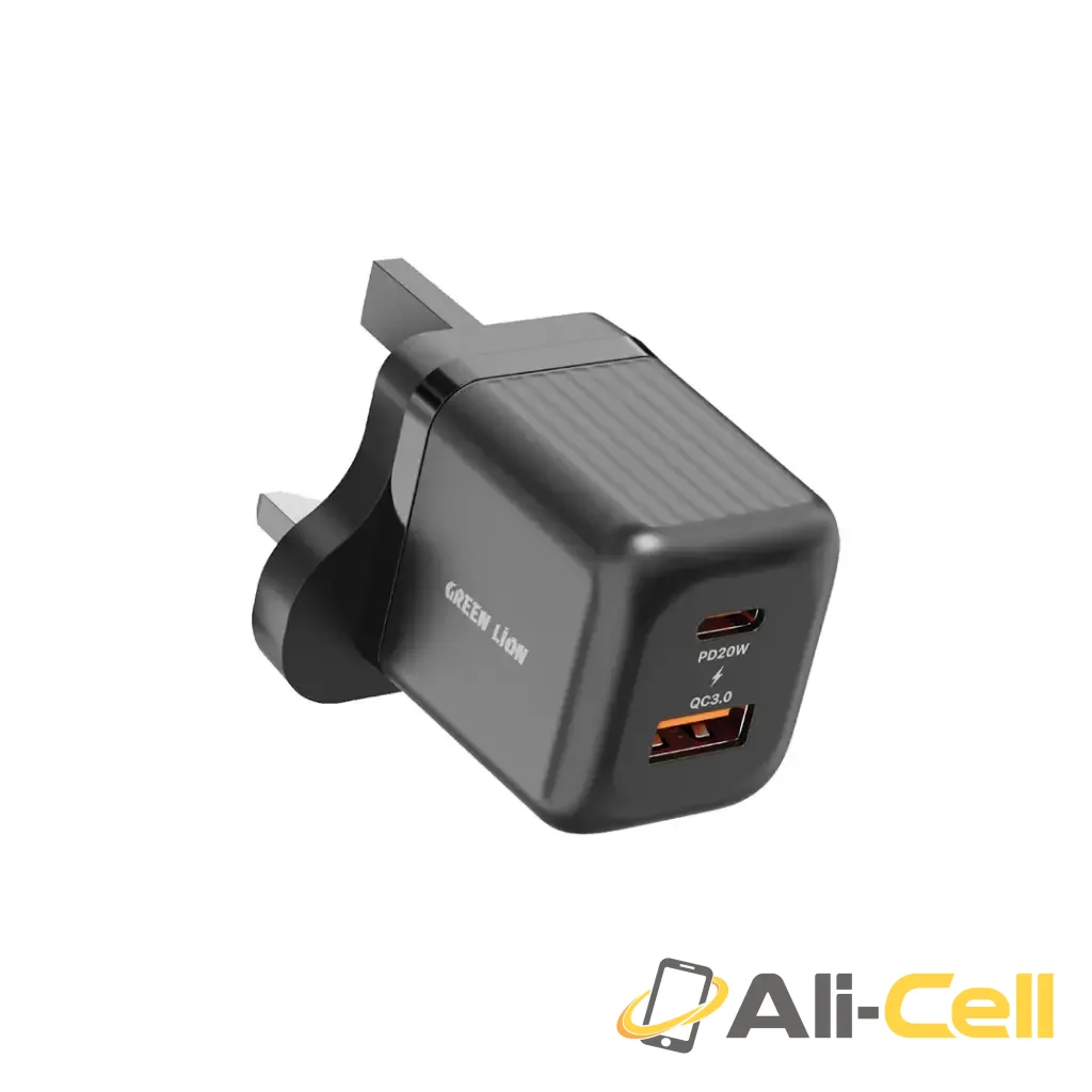 Green Lion Ultra Compact GaN Wall Charger UK Pin A+C 20W (with C to C / C to L Cable) - Black
