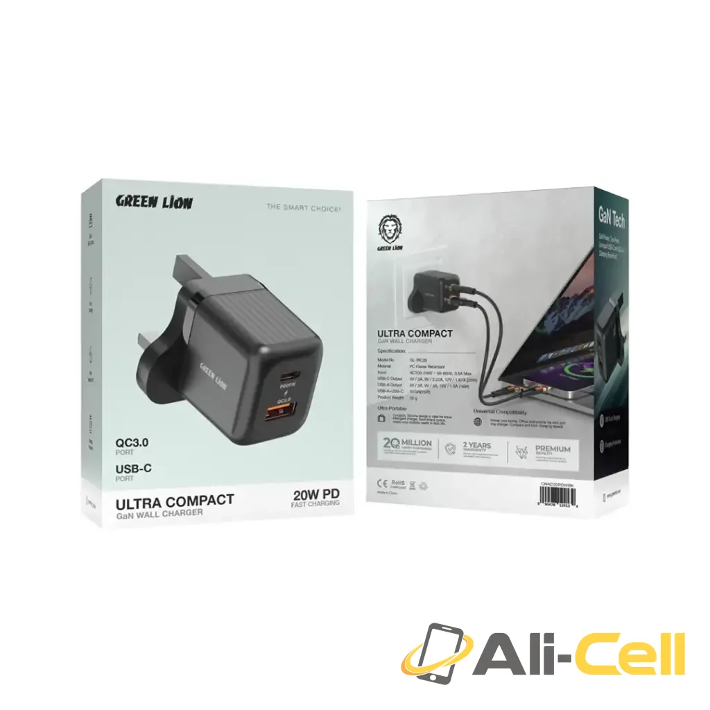 Green Lion Ultra Compact GaN Wall Charger UK Pin A+C 20W (with C to C / C to L Cable) - Black — 2