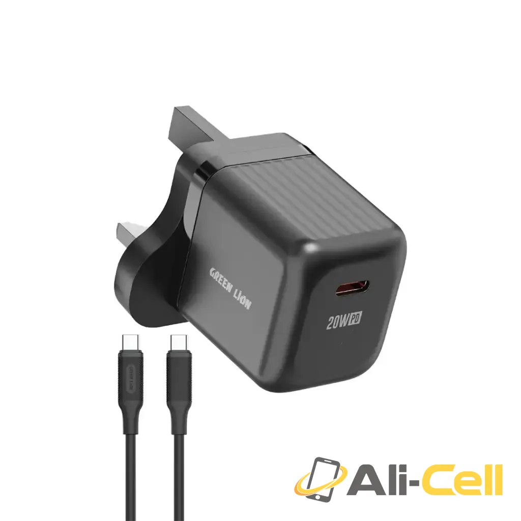 Green Lion Ultra Compact GaN Wall Charger UK Pin USB-C 20W with C to C Cable - Black