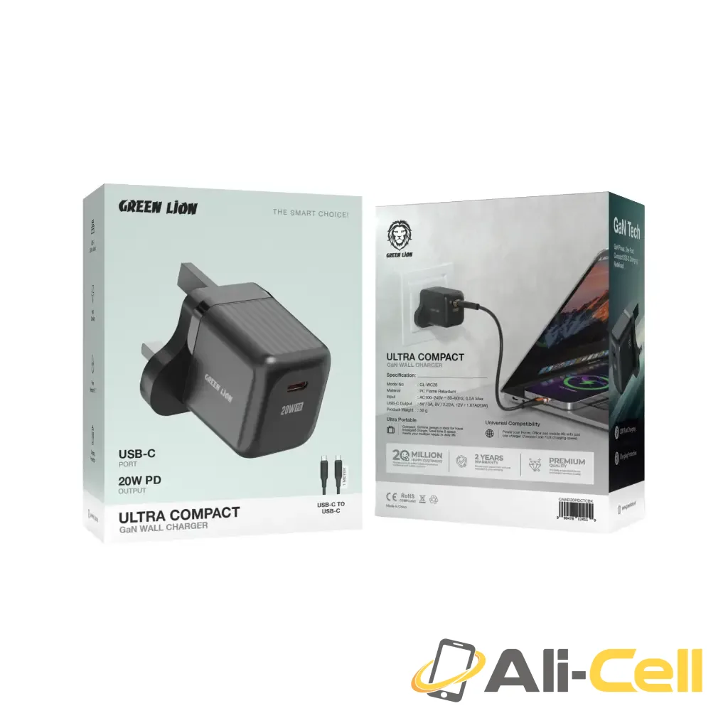 Green Lion Ultra Compact GaN Wall Charger UK Pin USB-C 20W with C to C Cable - Black — 2