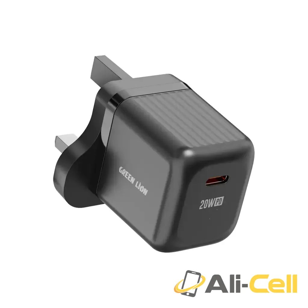 Green Lion Ultra Compact GaN Wall Charger UK Pin USB-C 20W (with C to C / C to L Cable) - Black