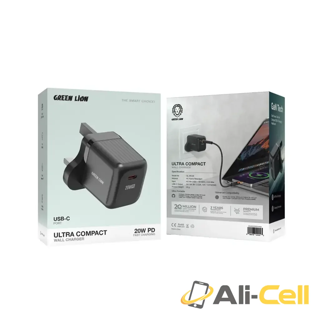 Green Lion Ultra Compact GaN Wall Charger UK Pin USB-C 20W (with C to C / C to L Cable) - Black — 2