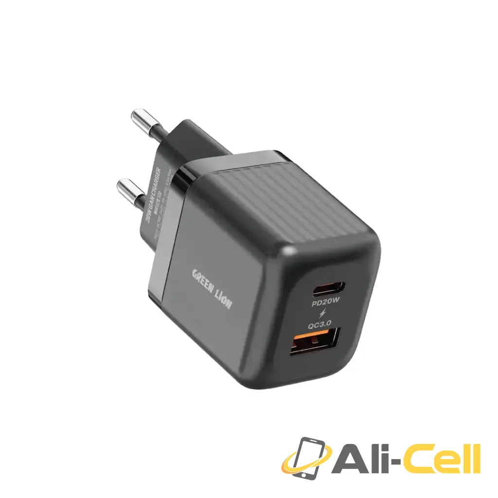 Green Lion Ultra Compact GaN Wall Charger EU Pin A+C 20W (with C to C / C to L Cable) - Black
