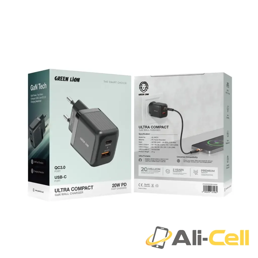 Green Lion Ultra Compact GaN Wall Charger EU Pin A+C 20W (with C to C / C to L Cable) - Black — 2