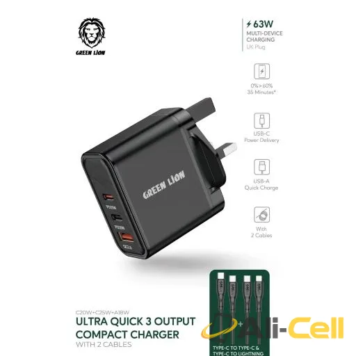 Green Lion Ultra Quick 3 Output Compact Charger with Type-A to Type-C and Type-C to Lightning Cable — 2