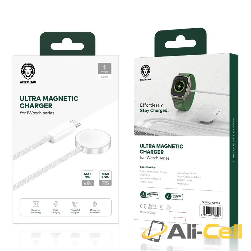 Green Lion Ultra Magnetic Charger Braided Cable 1M (Type-C Interface) for iWatch - White — 3