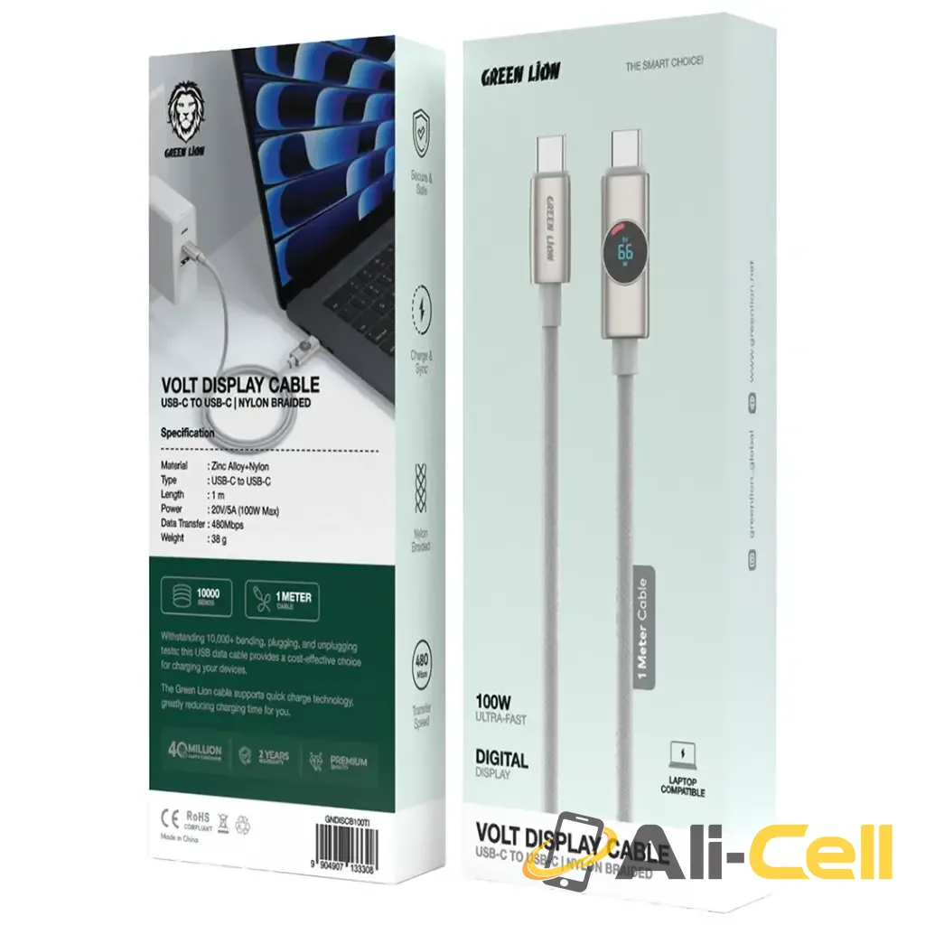 Green Lion Volt Display USB-C to USB-C Nylon Braided Cable - Titanium — 3