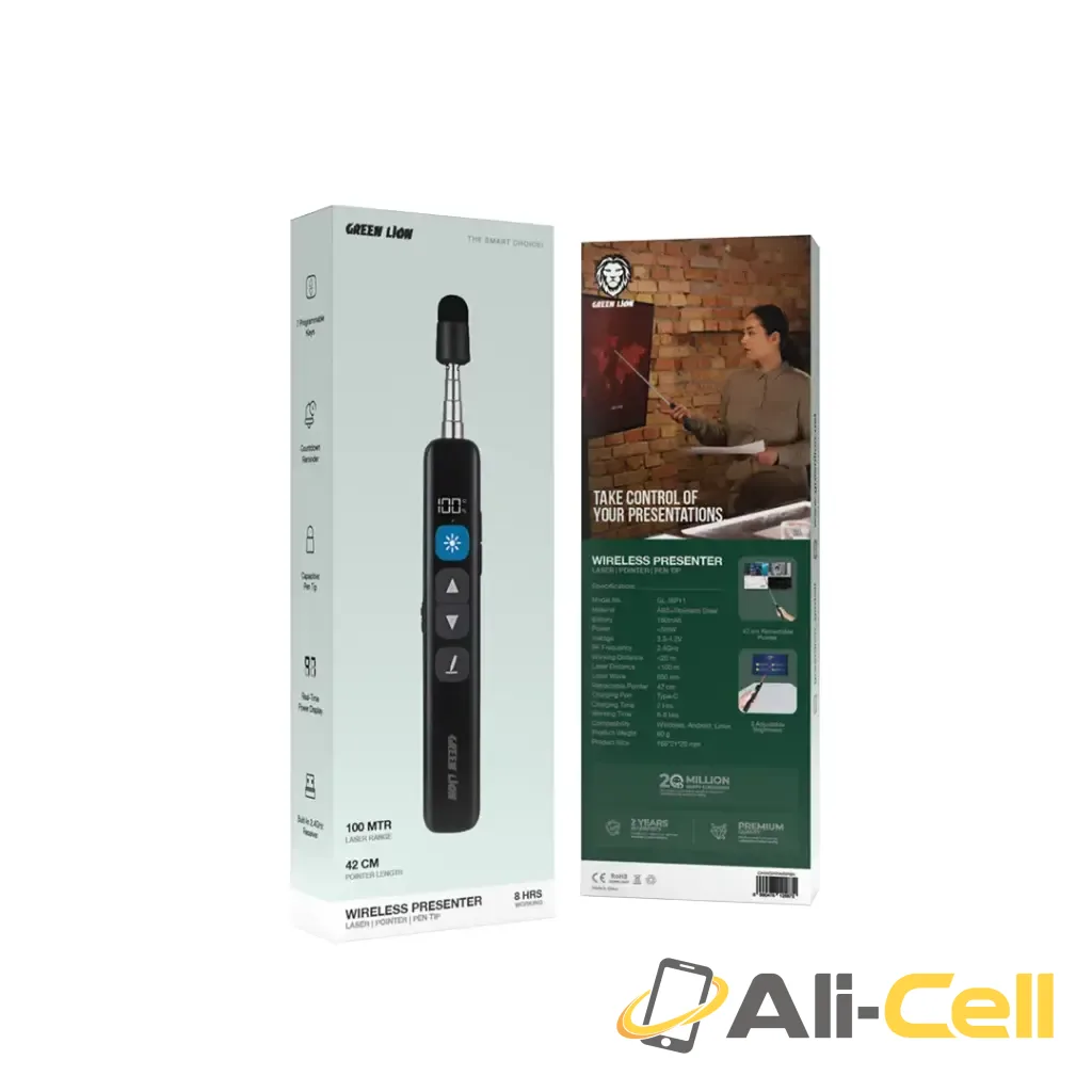 Green Lion Wireless Presenter with Retractable Pointer - Black — 2