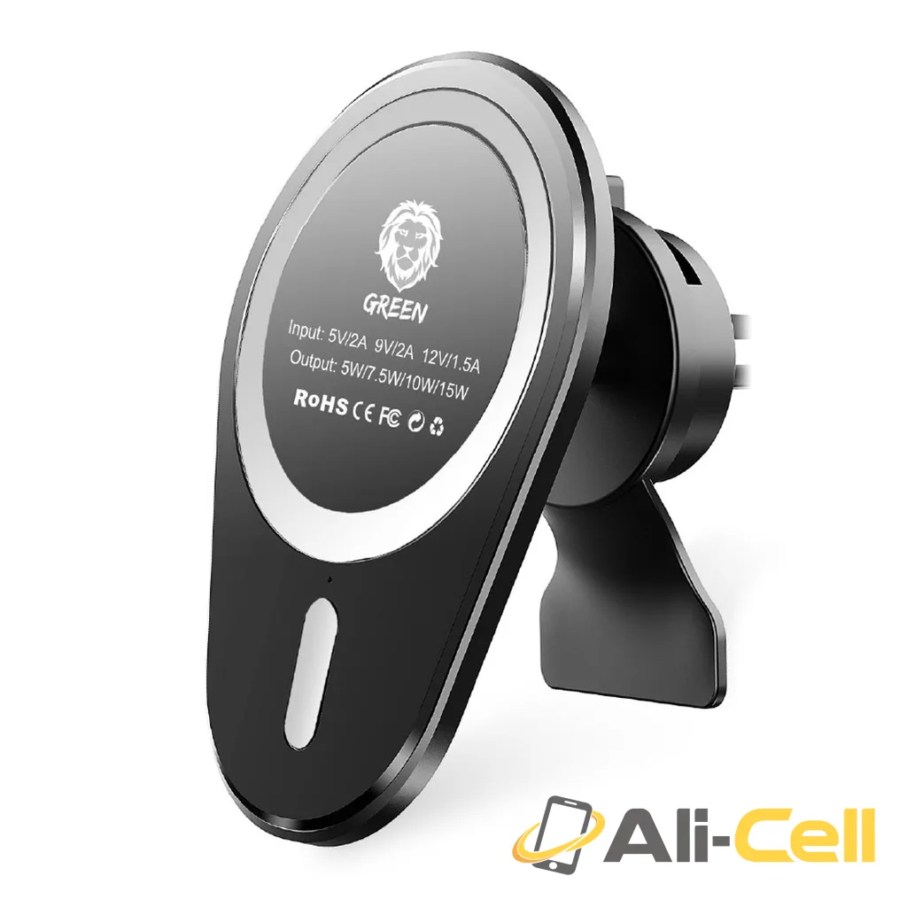 Green Lion Wireless Magnetic Car Charger / Mount 15W ( Air Vent + Stick-on-Holder ) - Black