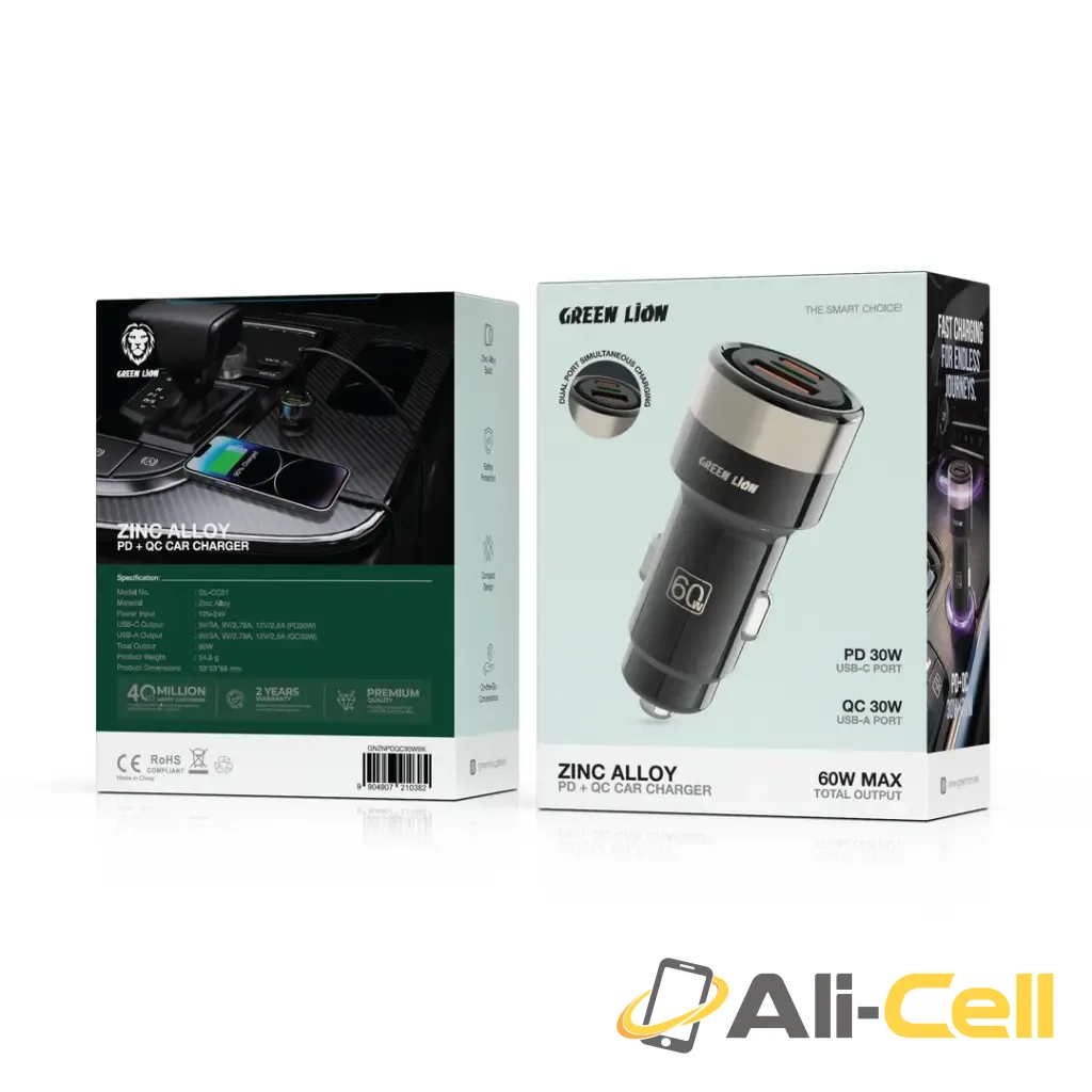 Green Lion Zinc Alloy PD+QC Car Charger - Black — 3