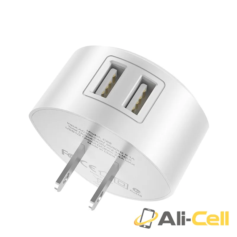 Wall charger “C67 Shell” dual USB port US (C67 White) — 3