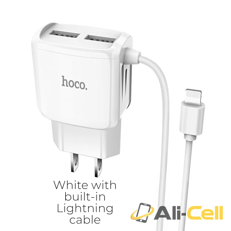 Wall charger “C59 Mega joy” dual USB port US with built-in wire (C59 Lightning White, Built In Lightning Wire)