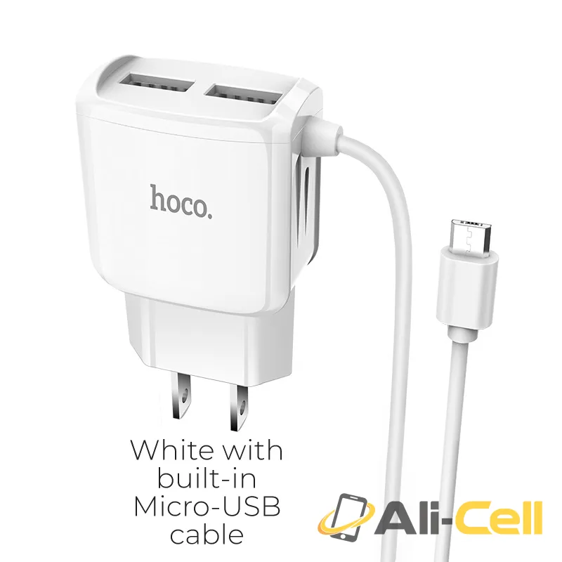 Wall charger “C59 Mega joy” dual USB port US with built-in wire (C59 Micro Usb White, Built In Micro Usb Wire)