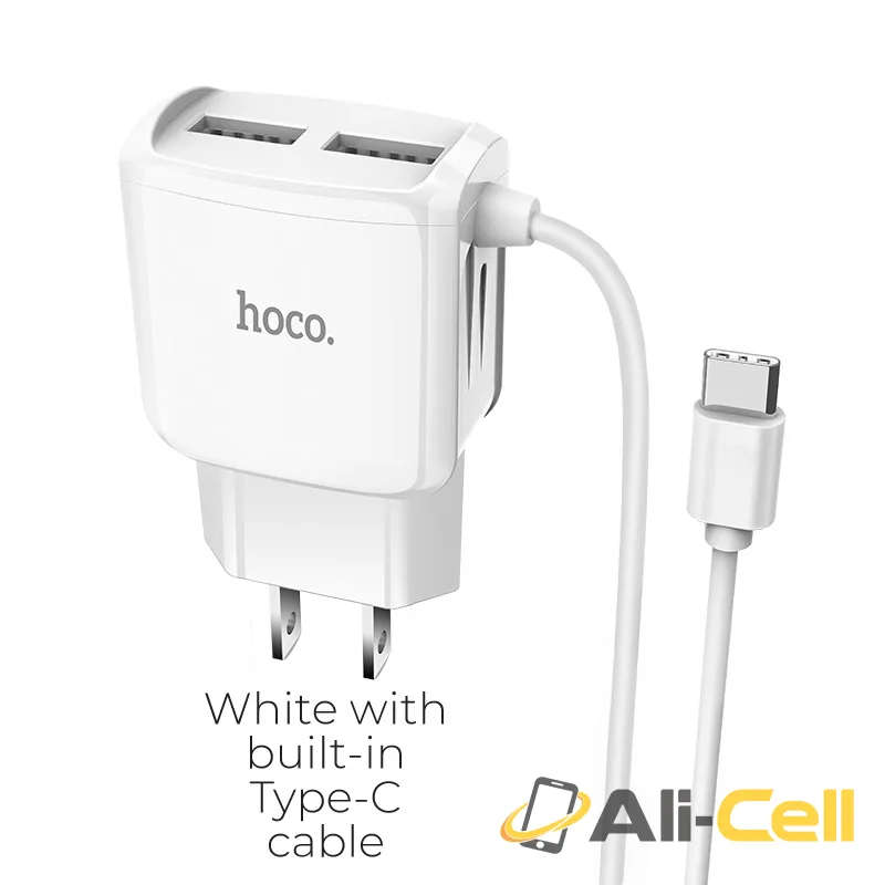 Wall charger “C59 Mega joy” dual USB port US with built-in wire (C59 Type C White, Built In Type C Wire)