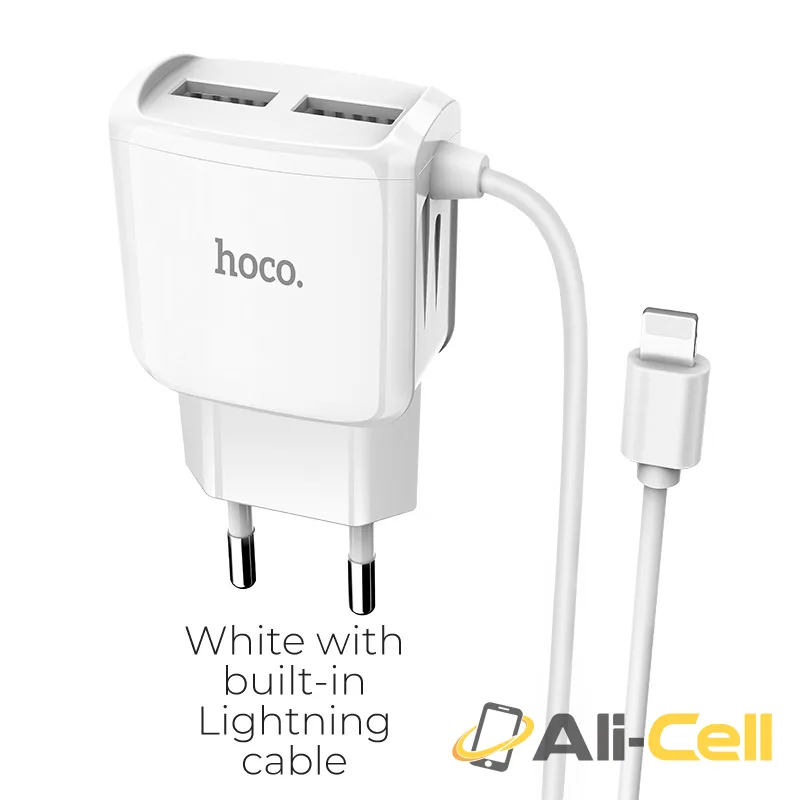 Wall charger “C59A Mega joy” dual USB port EU with built-in wire (C59a Lightning White, Built In Lightning Wire)