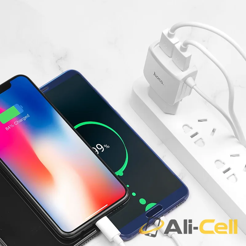 Wall charger “C59A Mega joy” dual USB port EU with built-in wire (C59a Lightning White, Built In Lightning Wire) — 5