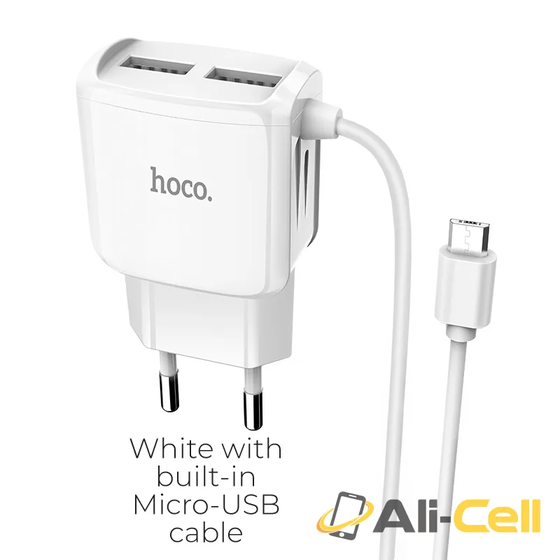 Wall charger “C59A Mega joy” dual USB port EU with built-in wire (C59a Micro Usb White, Built In Micro Usb Wire)
