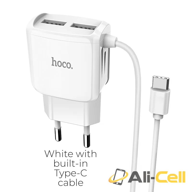 Wall charger “C59A Mega joy” dual USB port EU with built-in wire (C59a Type C White, Built In Type C Wire)