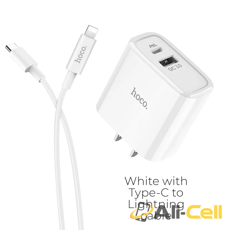 Wall charger “C57 Speed charger” USB QC3.0 & Type-C PD set with cable US (C57 Type C Lightning White, Set With Type C To Lightning Cable)