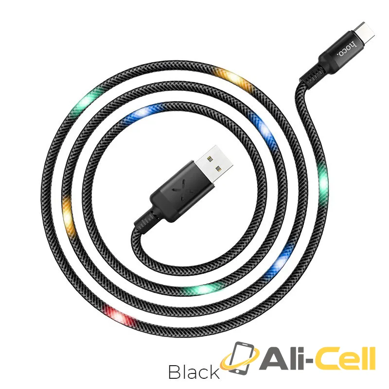 Cable USB to Type-C “U63 Spirit” charging data sync with backlight (U63 Type C Black, 1.2m)