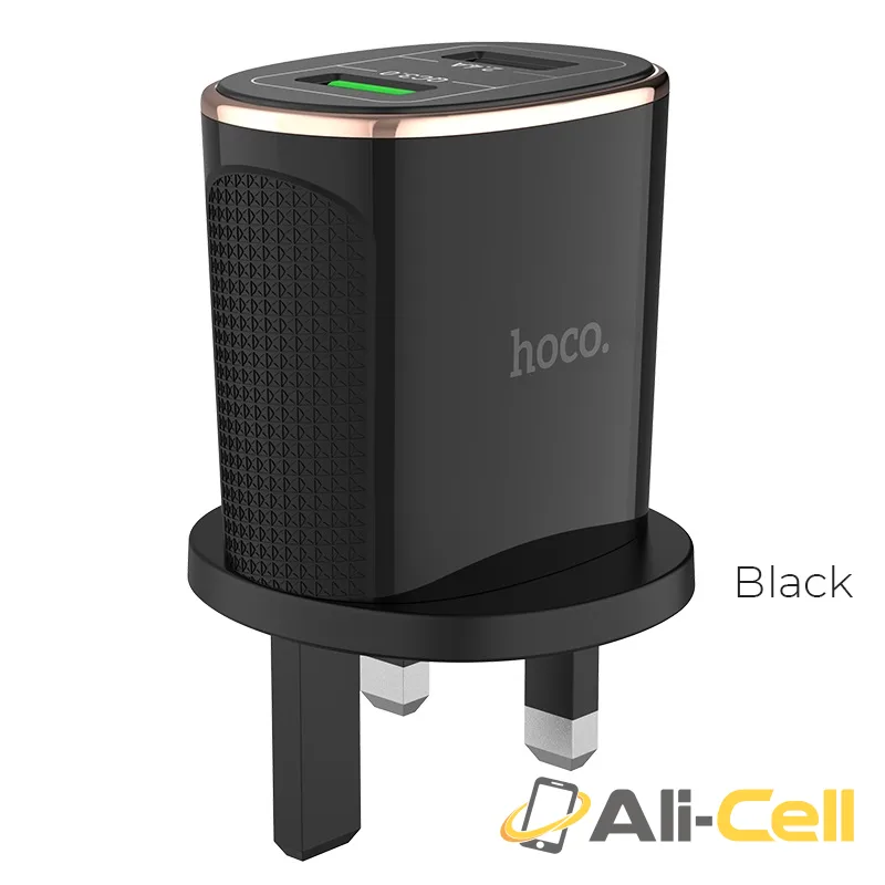 Wall charger “C60B Prestige” UK plug dual USB QC3.0 (C60b Black)