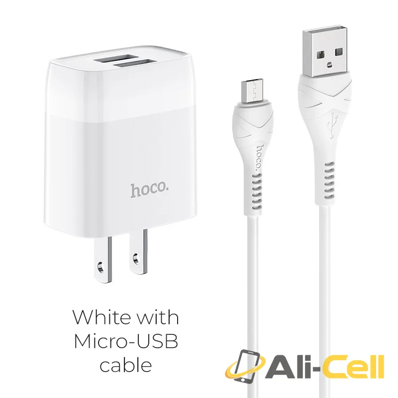 Wall charger “C73 Glorious” US plug dual USB set with cable (C73 Micro Usb White, Set With Micro Usb Cable)