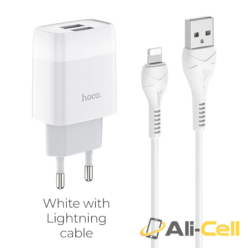 Wall charger “C73A Glorious” EU plug dual USB set with cable (C73a Lightning White, Set With Lightning Cable)