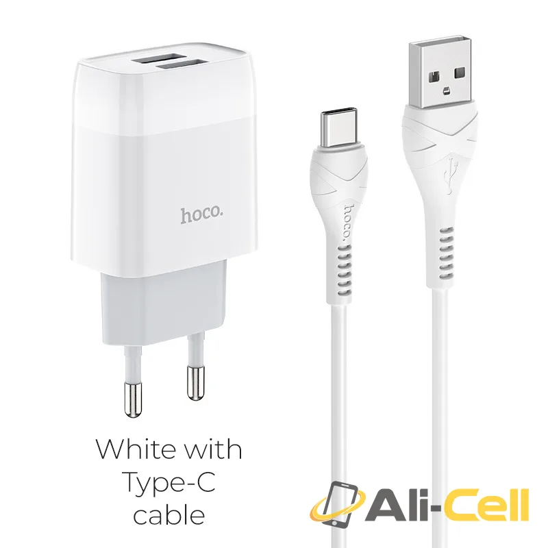 Wall charger “C73A Glorious” EU plug dual USB set with cable (C73a Type C White, Set With Type C Cable)