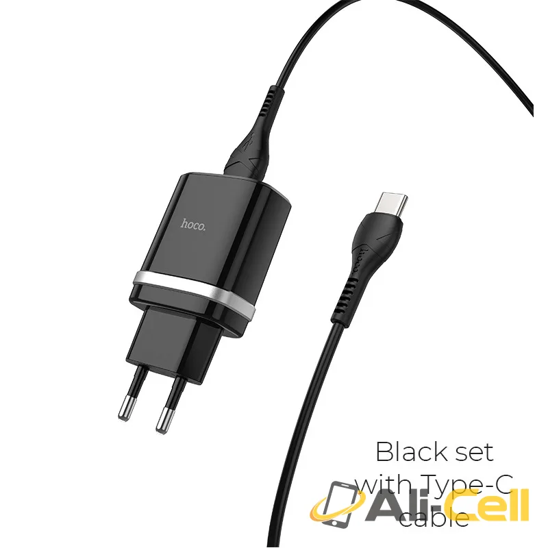Wall charger “C12Q Smart” QC3.0 EU single USB set with cable (C12q Type C Black, Set With Type C Cable)
