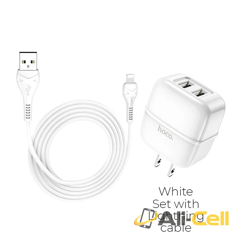 Wall charger “C77 Highway” dual port charger US plug set with cable (C77 Lightning White, Set With Lightning Cable)