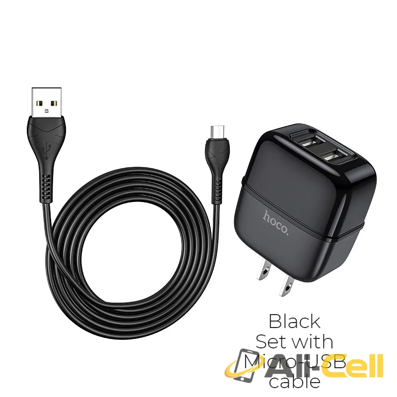 Wall charger “C77 Highway” dual port charger US plug set with cable (C77 Micro Usb Black, Set With Micro Usb Cable)