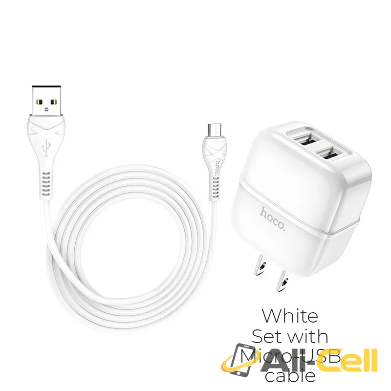 Wall charger “C77 Highway” dual port charger US plug set with cable (C77 Micro Usb White, Set With Micro Usb Cable)