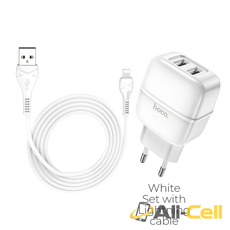 Wall charger “C77A Highway” dual port charger EU plug set with cable (C77a Lightning White, Set With Lightning Cable)
