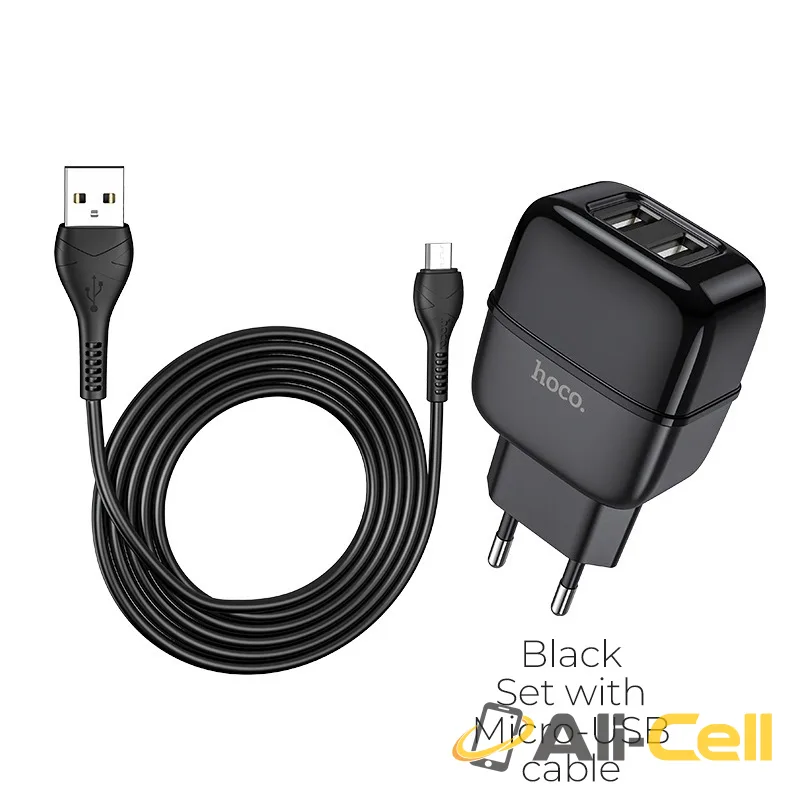 Wall charger “C77A Highway” dual port charger EU plug set with cable (C77a Micro Usb Black, Set With Micro Usb Cable)