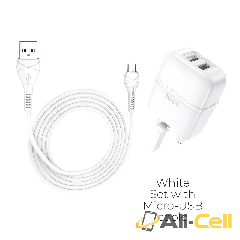 Wall charger “C77B Highway” dual port charger UK plug set with cable (C77b Micro Usb White, Set With Micro Usb Cable)