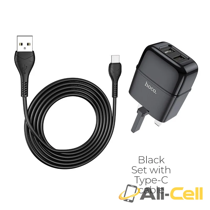 Wall charger “C77B Highway” dual port charger UK plug set with cable (C77b Type C Black, Set With Type C Cable)
