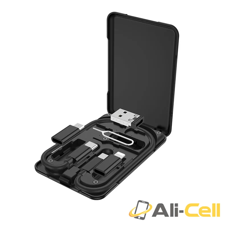 Cable 6-in-1 “U86 Treasure” charging data sync with storage case (U86 6in1 Black) — 2